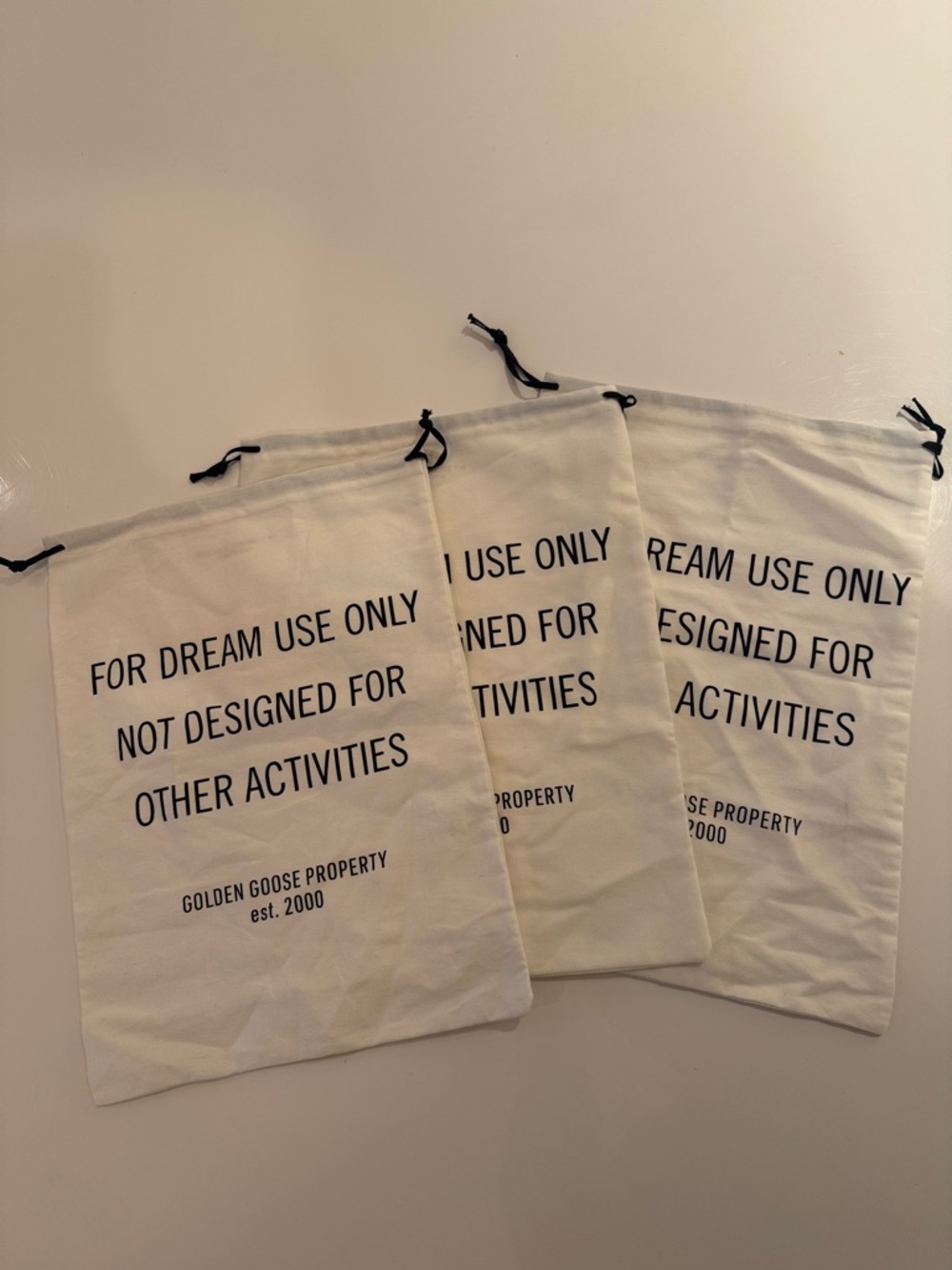 Golden Goose White Cotton Drawstring Shoe Bags with Black Print (Set of 3)